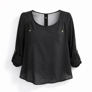 Black Sheer Lightweight Blouse Scoop Neck Button Back/S